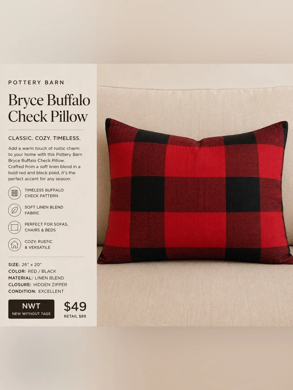 Pottery Barn Bryce Buffalo Check Standard Pillow Sham Red Black 26x20 NWOT